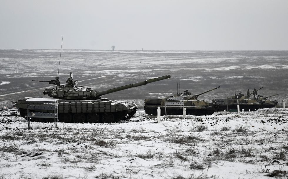 Russian armoured vehicles during combat exercises at the Kadamovsky range in the southern Rostov region, Russia.