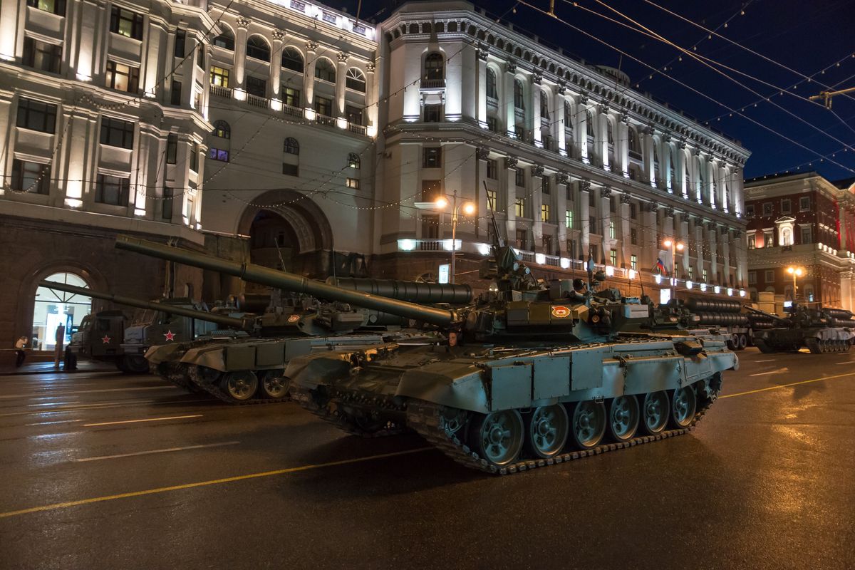  Russian battle tanks on the streets of Moscow, Russia