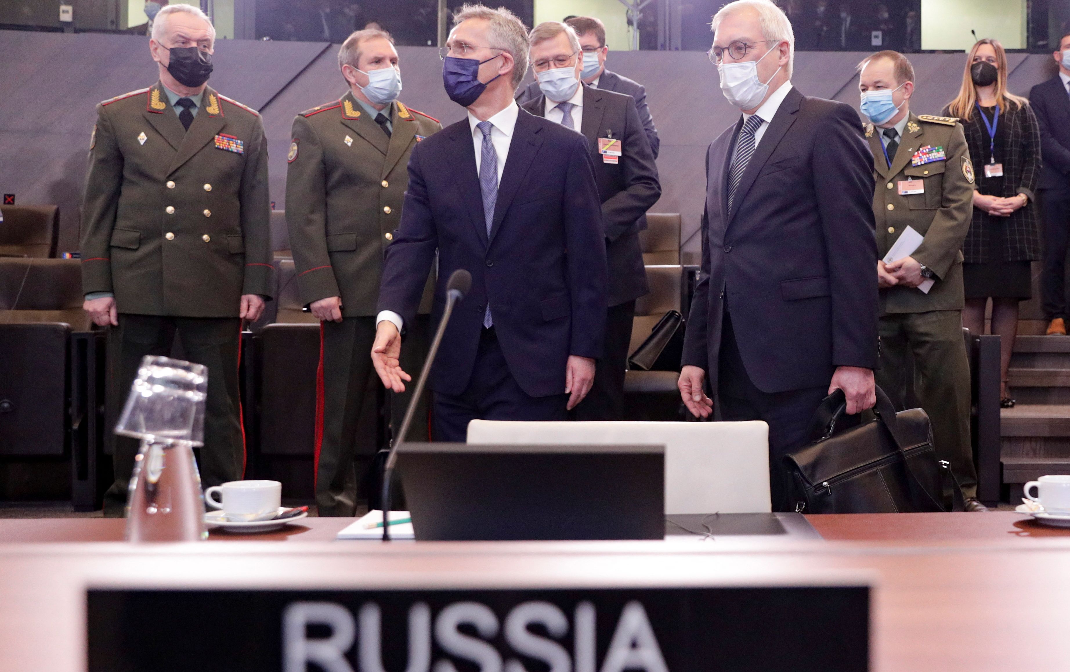Russian Deputy Foreign Minister Alexander Grushko (left) and NATO Secretary General Jens Stoltenberg (right) are seen during NATO-Russia Council at the Alliance's headquarters in Brussels.