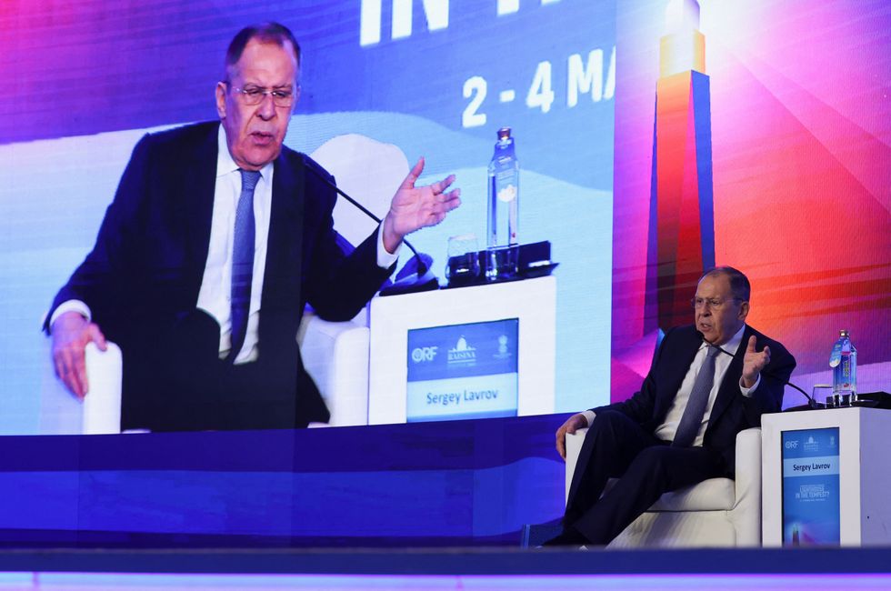 Russian Foreign Minister Sergei Lavrov speaks during the Raisina Dialogue 2023, in New Delhi, India