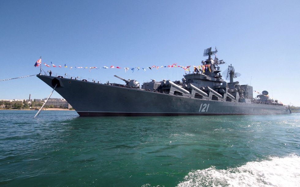 Russian missile cruiser Moskva moored in the Ukrainian Black Sea port of Sevastopol.