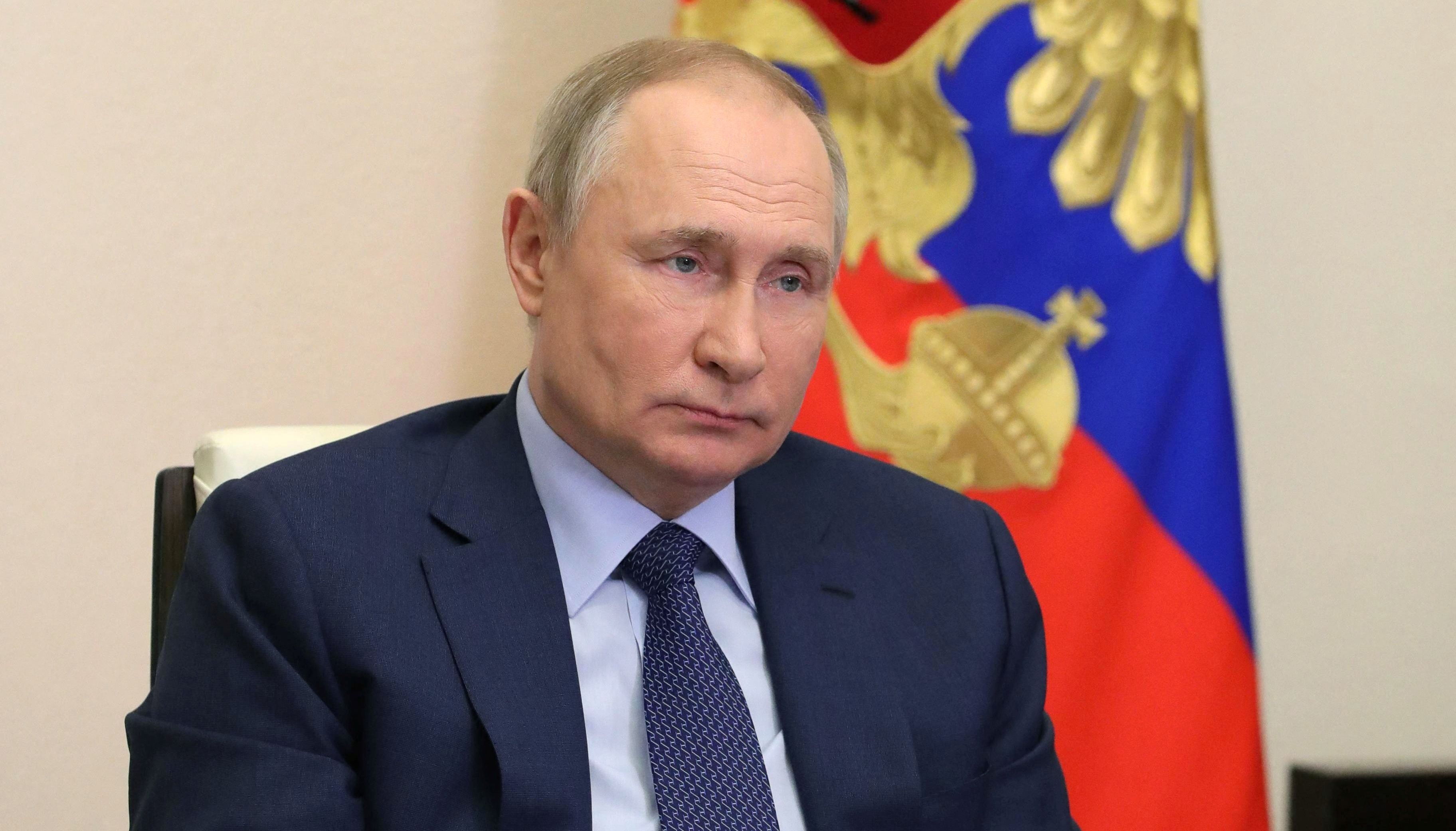 Russian President Vladimir Putin attends a meeting with officials and cultural workers, including young holders of prizes for cultural achievements, via a video link in Moscow, Russia March 25, 2022. Sputnik/Mikhail Klimentyev/Kremlin.