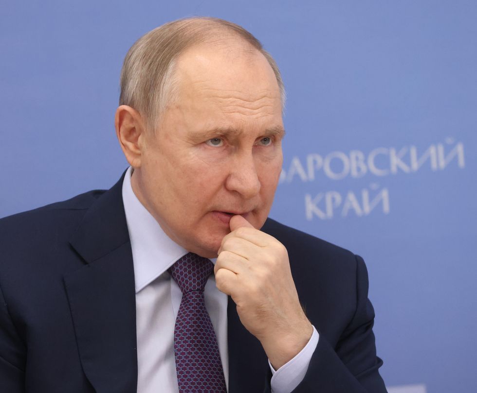 Russian President Vladimir Putin grimases during his meeting with local businessmen, January,11