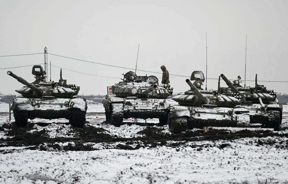 Russian T-72B3 main battle tanks during combat exercises at the Kadamovsky range in the southern Rostov region, Russia.