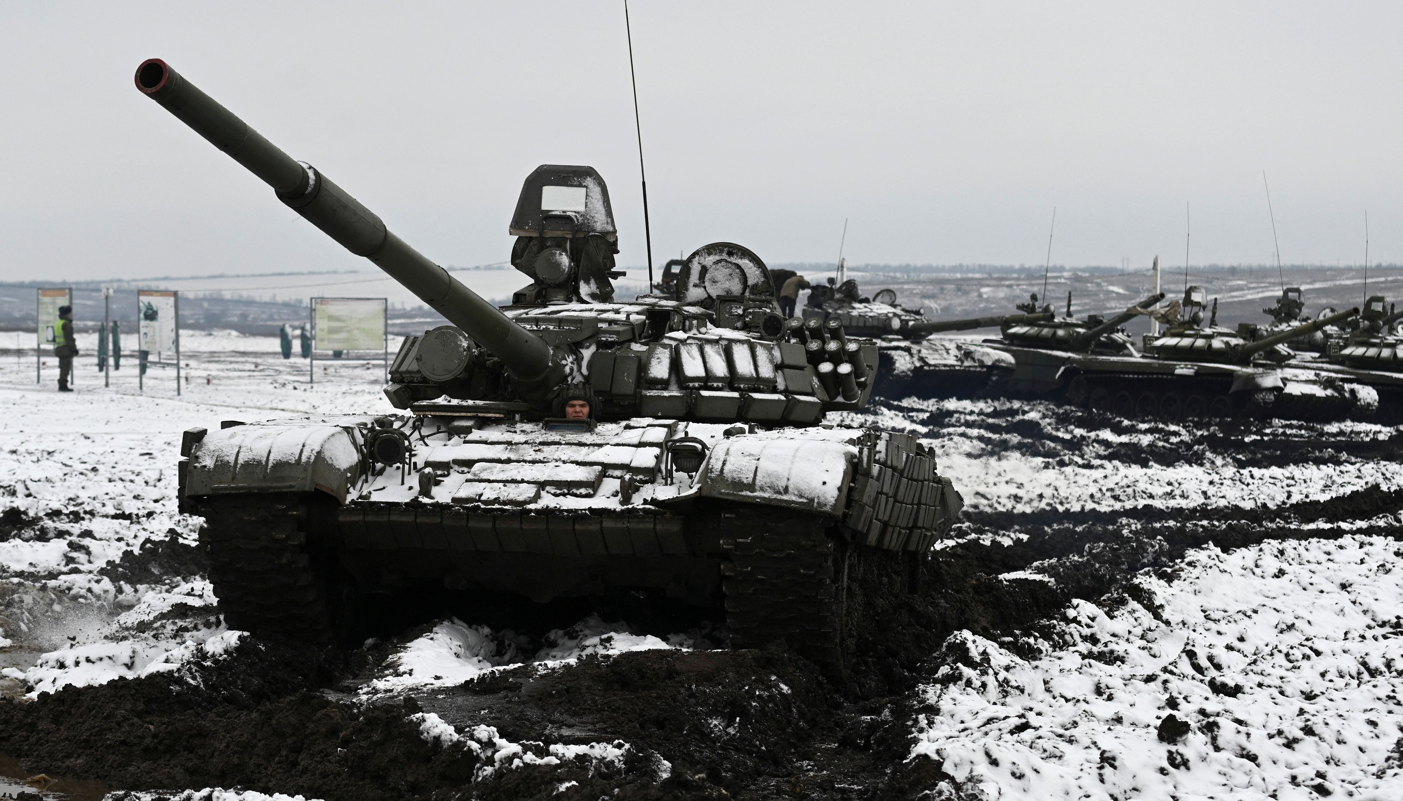 Russian T-72B3 main battle tanks during combat exercises at the Kadamovsky range in the southern Rostov region, Russia.