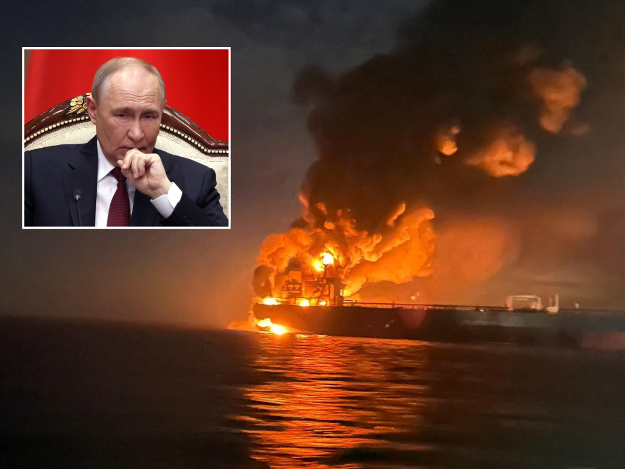 Russian tanker burnig after Ukrainain attack / Vladimir Putin