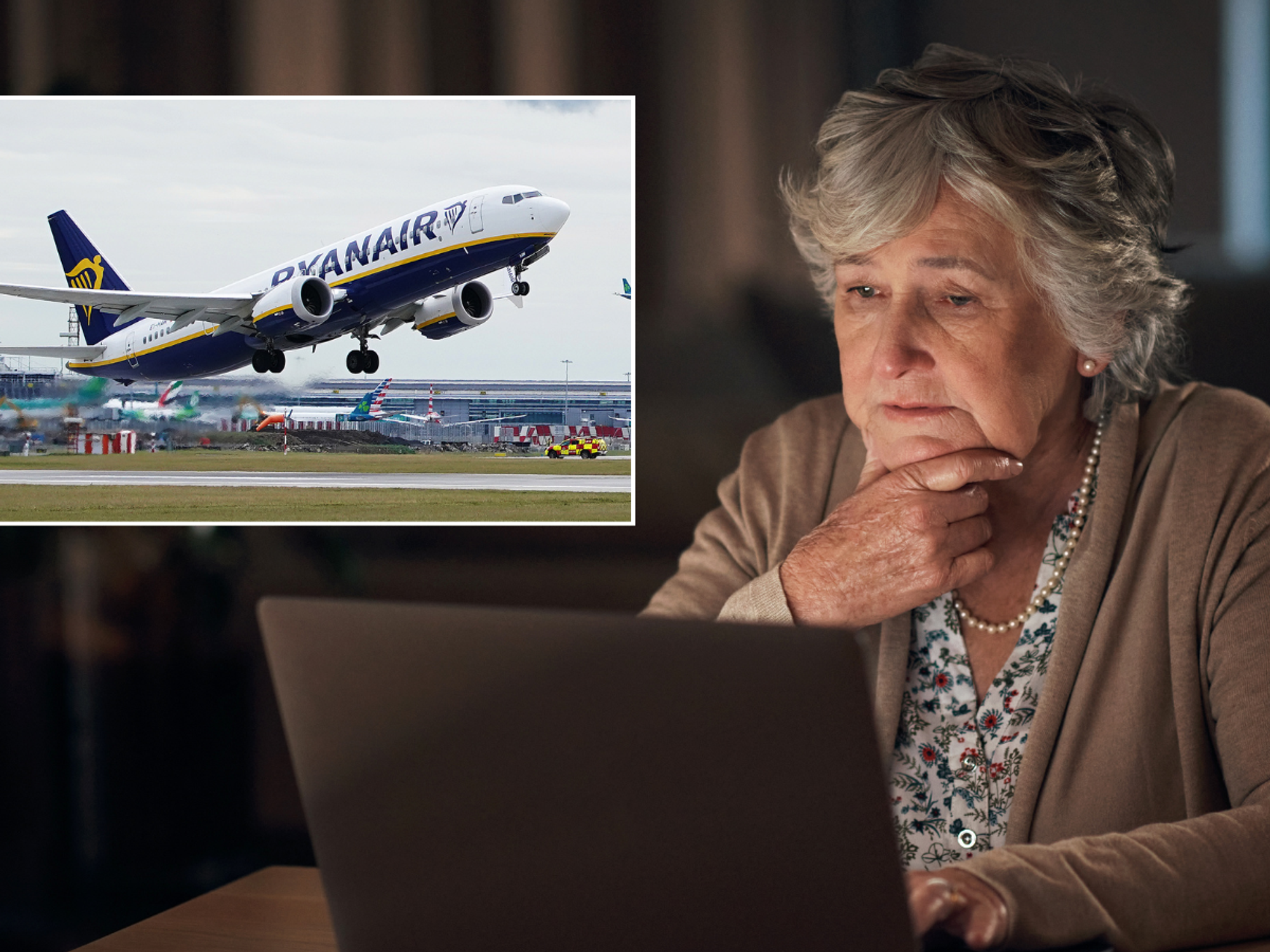 Ryanair flight/Old woman looking at laptop