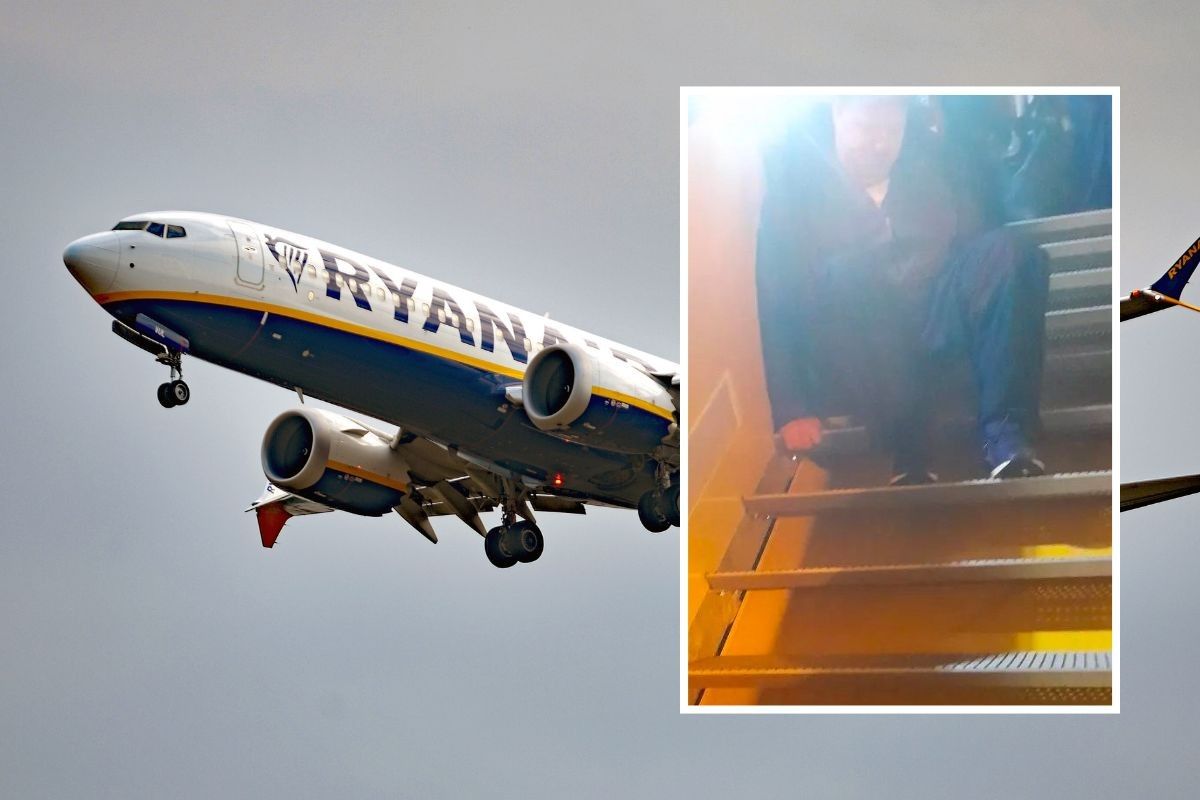 Ryanair plane and passenger struggling to get off plane