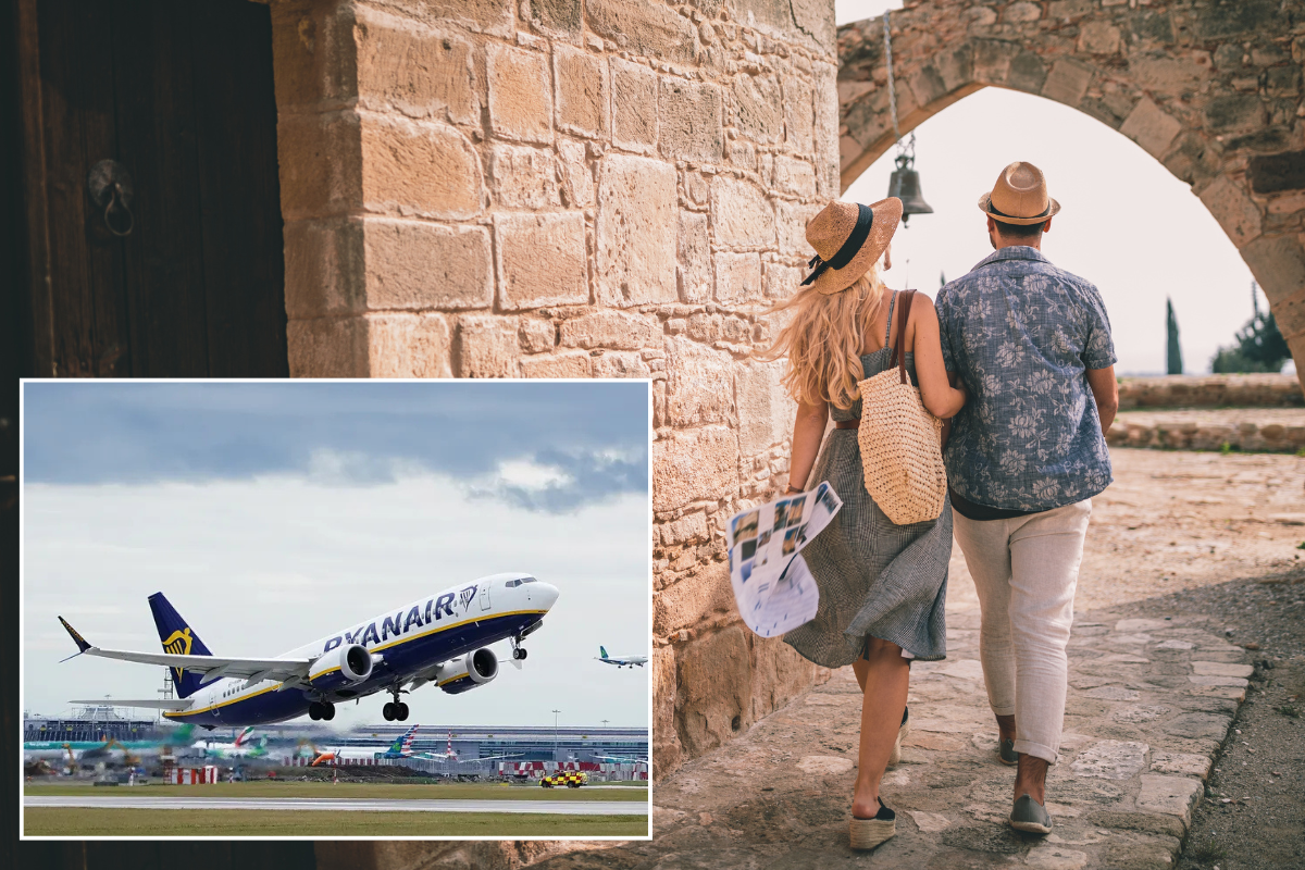 Ryanair plane taking off / couple walking in Italy