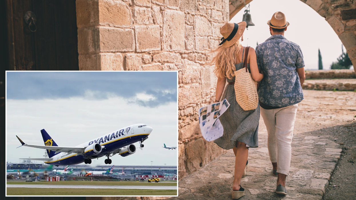 Ryanair plane taking off / couple walking in Italy