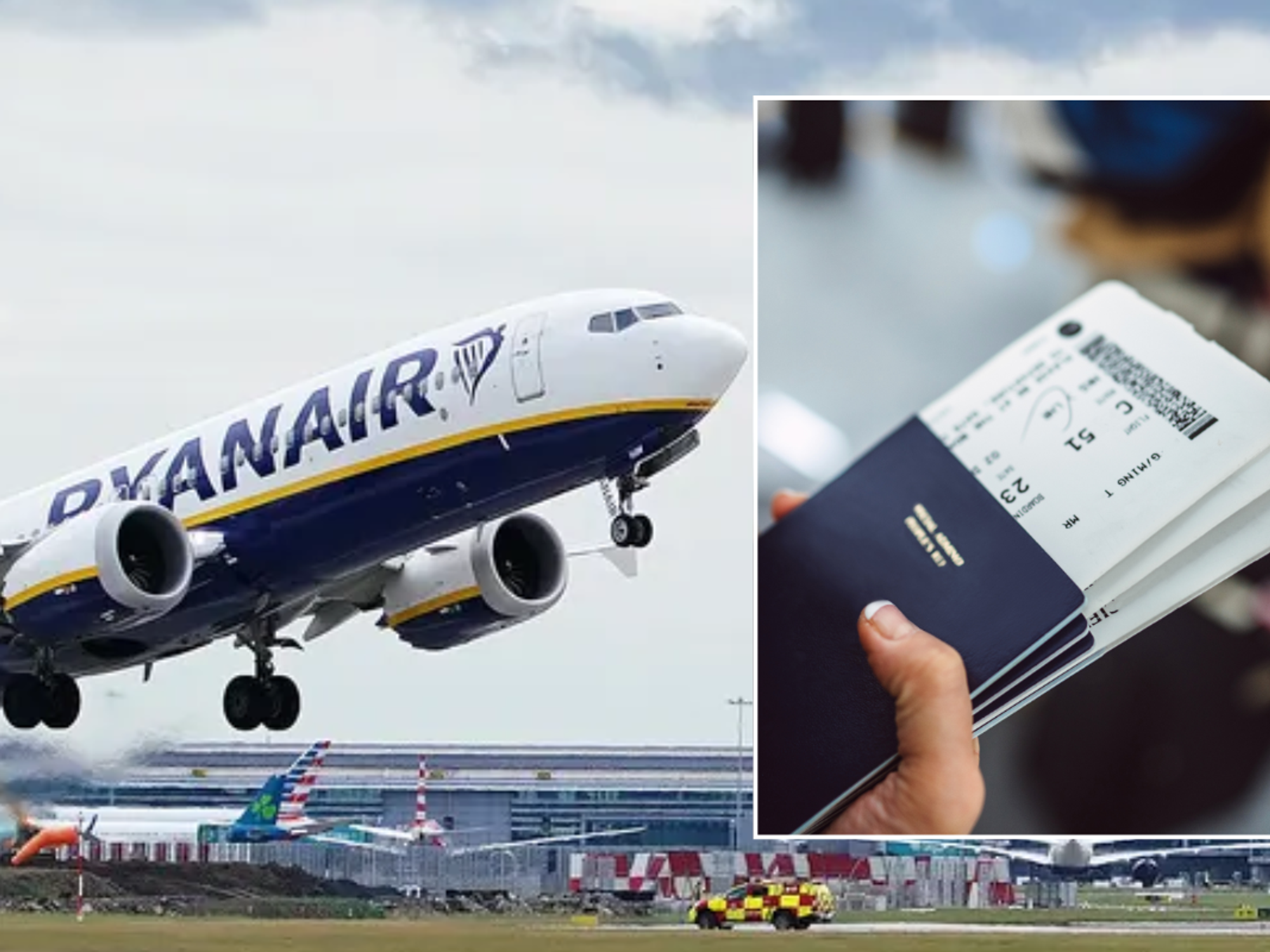 Ryanair plane taking off / person holding boarding pass