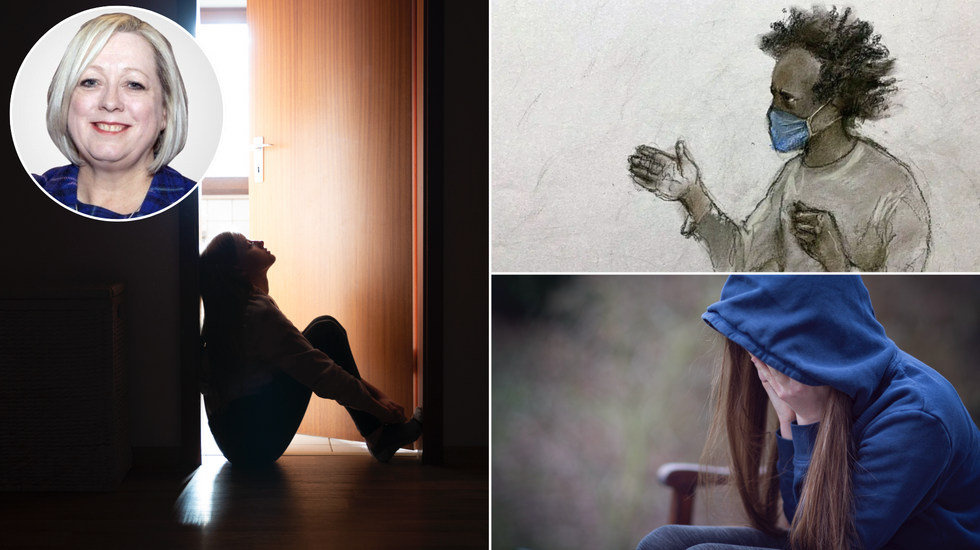 Sad girl (left), Axel Rudakubana (top right), sad girl (bottom right)