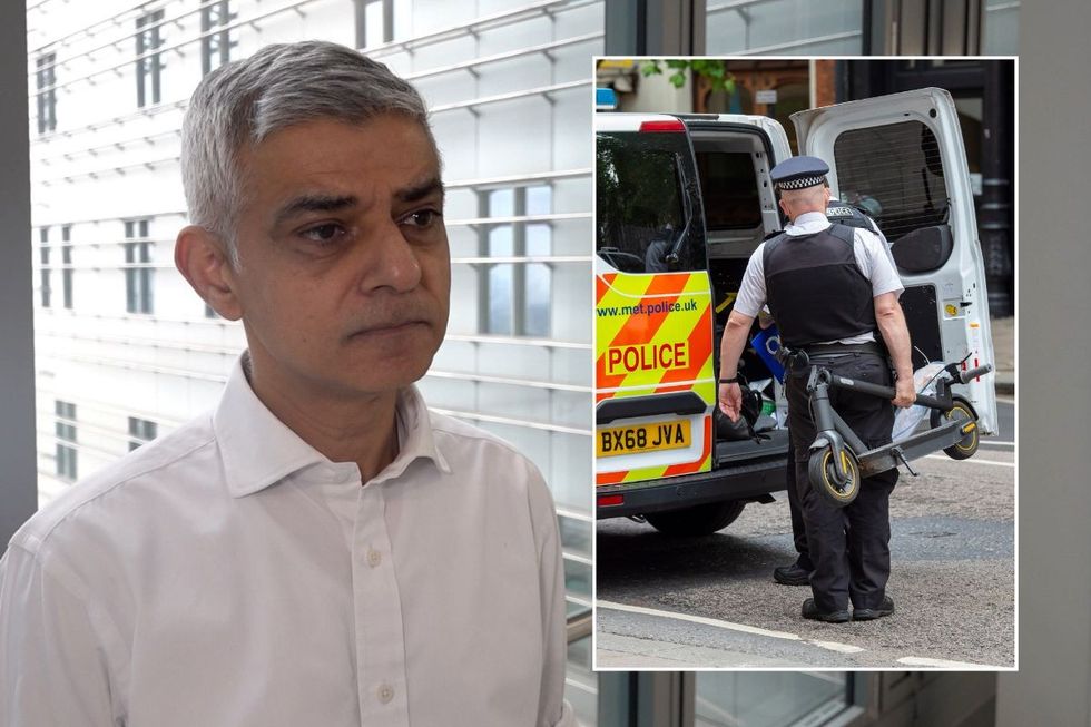 Sadiq Khan and a police officer seizing an e-scooter
