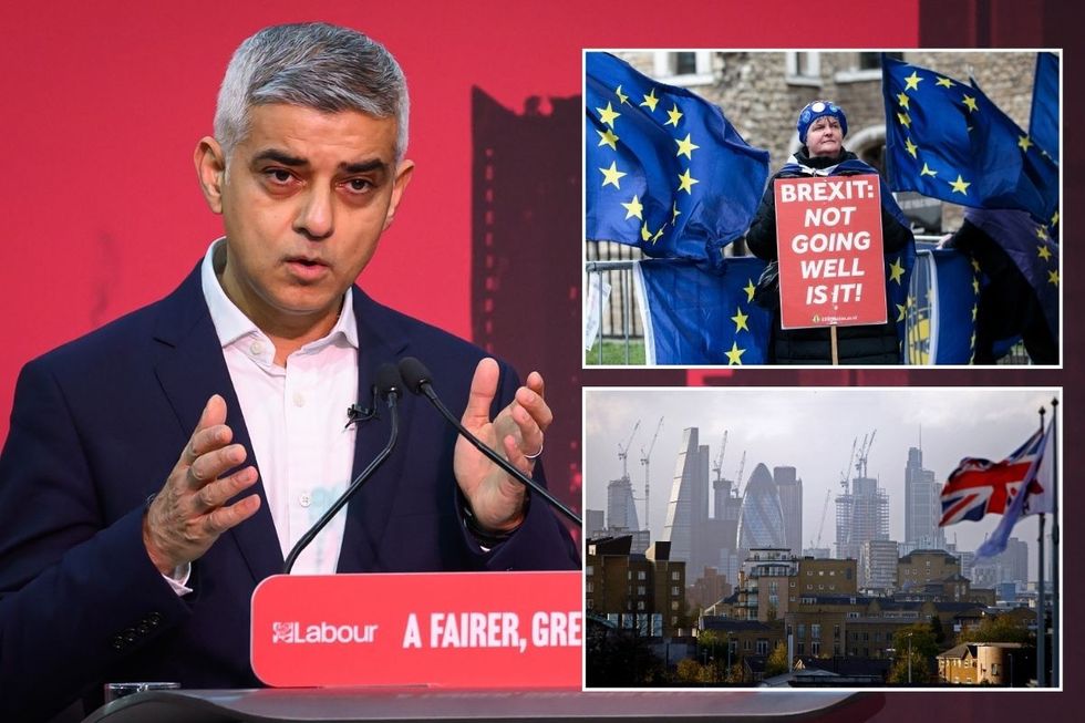 Sadiq Khan (left) and insets of a pro-Remain protester and the City of London