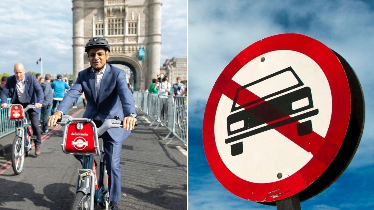 Sadiq Khan riding a bike and a car ban sign