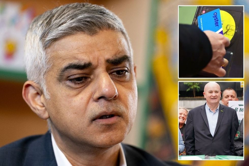 Sadiq Khan with an inset of an Oyster Card and Mick Lynch