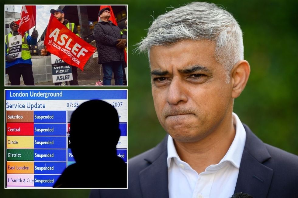 Sadiq Khan with insets of ASLEF workers and a suspended tube board