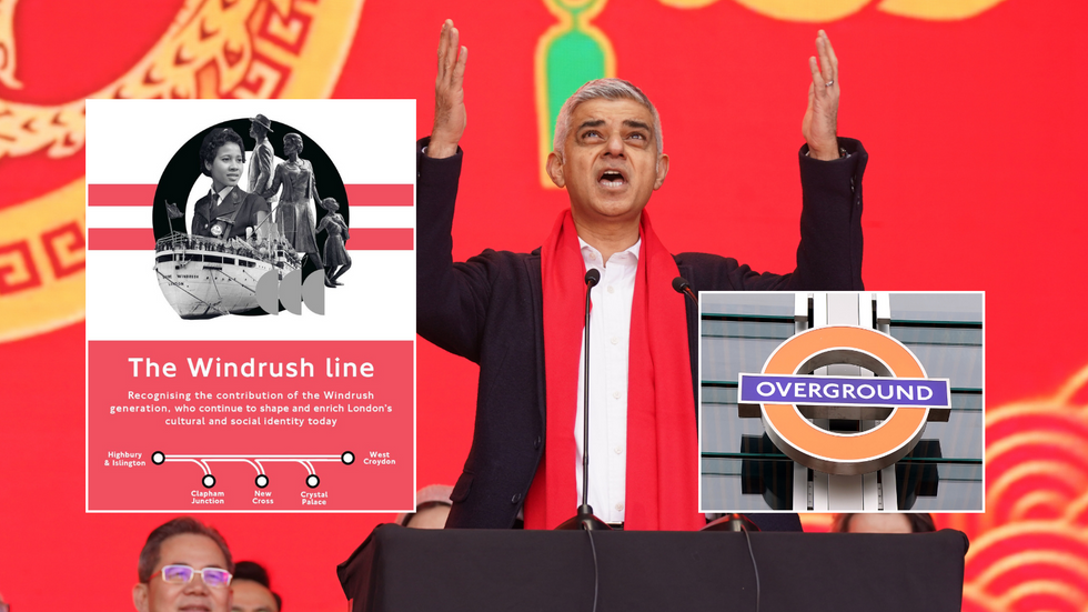 Sadiq Khan with Overground logo and new Windrush line poster