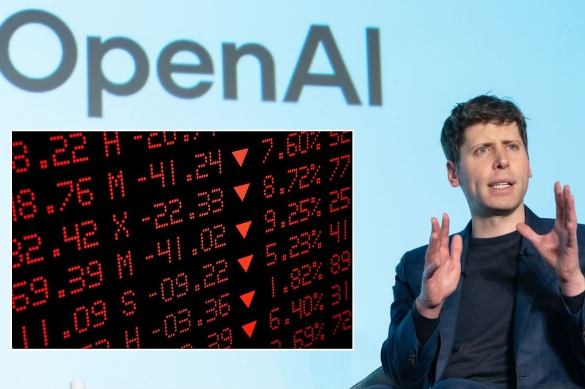 Sam Altman at OpenAI event and stock market figures