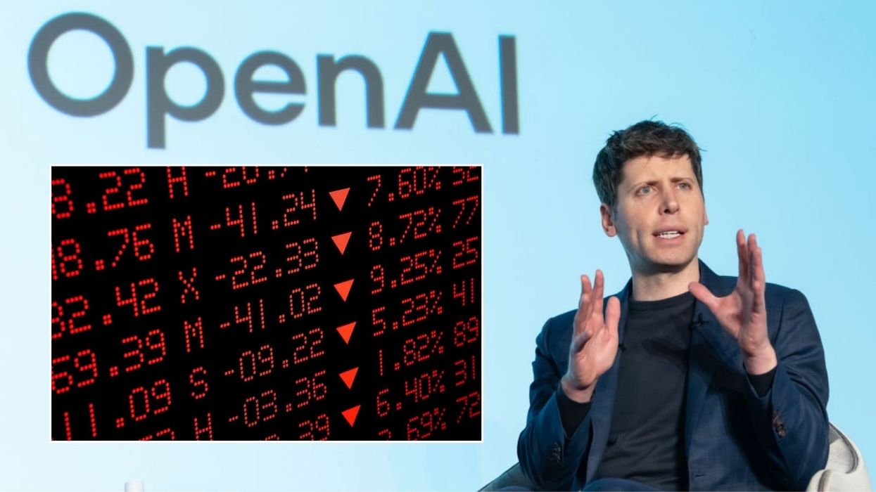 Sam Altman at OpenAI event and stock market figures
