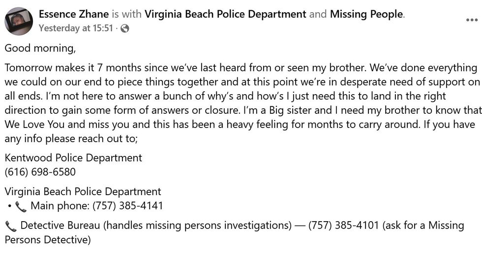 Sam Beal's sister, Essence Zhane, posted to Facebook to request help in her search