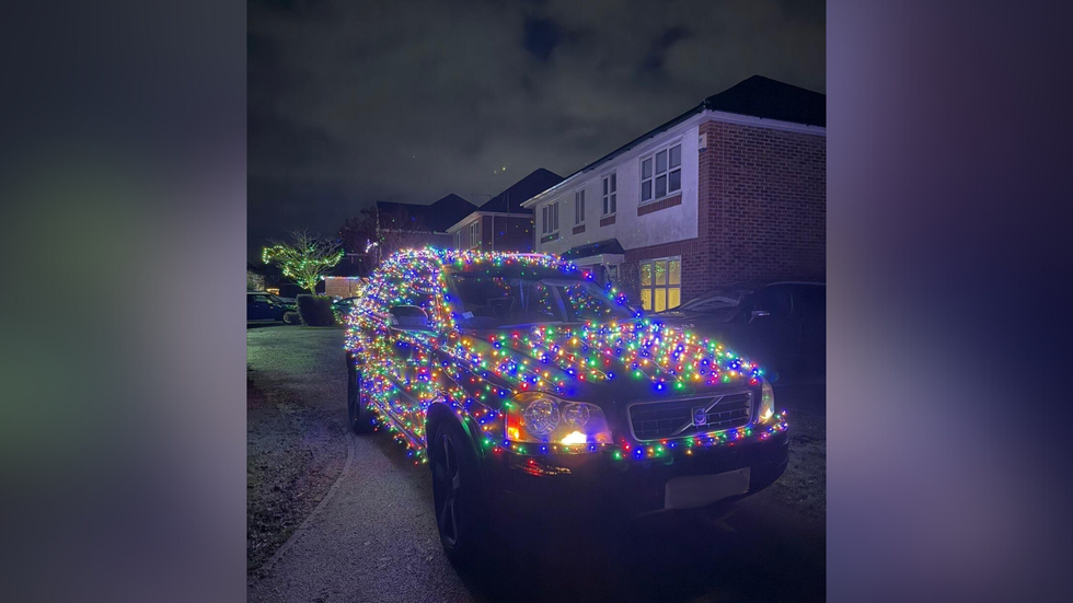 Sam Donnellan's car covered in Christmas lights