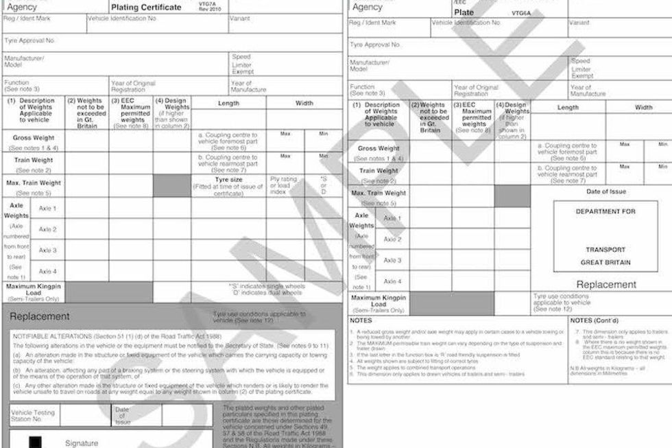 Sample ministry plate for heavy goods vehicles and trailers