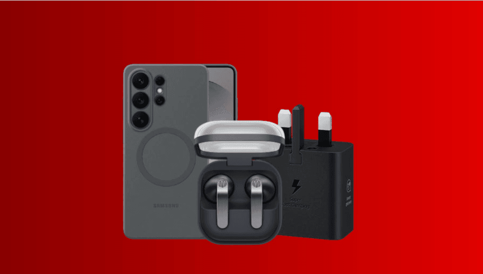 Samsung accessories in front of red background