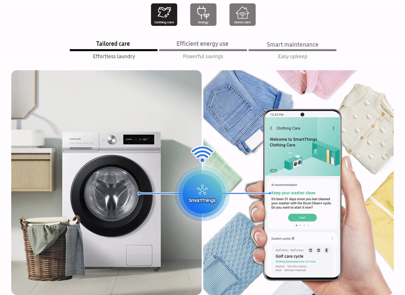 samsung animated gif showing some of the most common uses of the samsung smartthings app with the ai washing machine