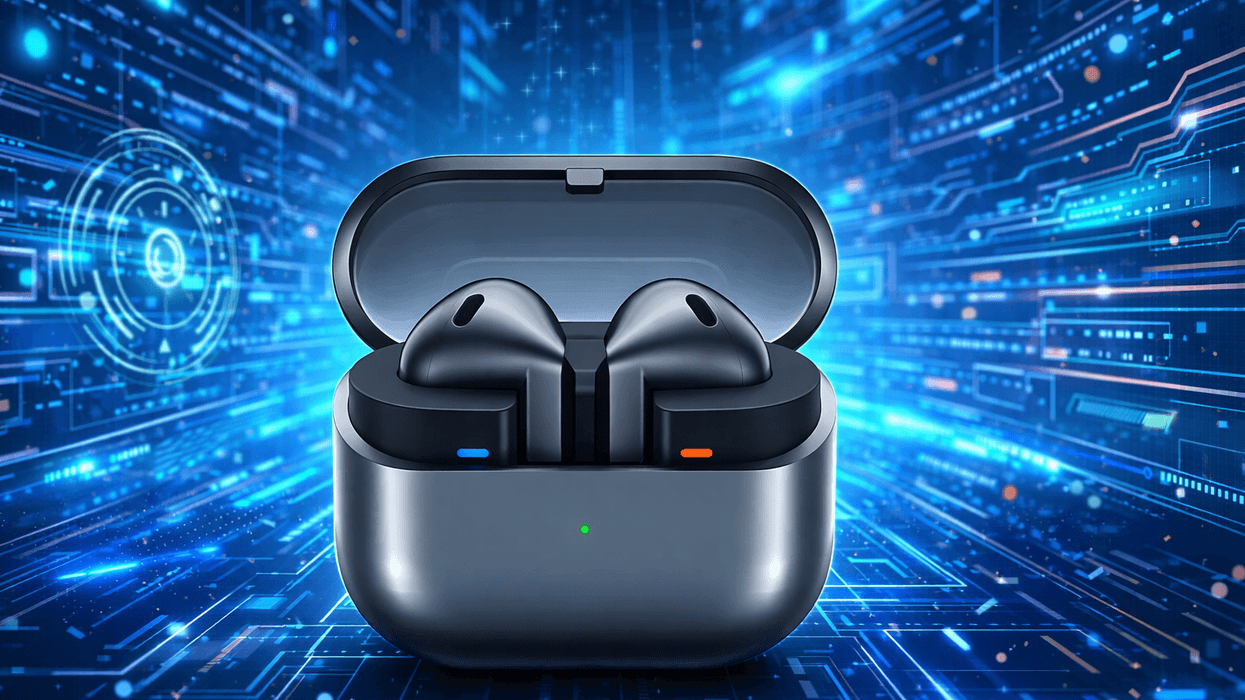 Samsung Buds 3 Pro in front of blue digital background