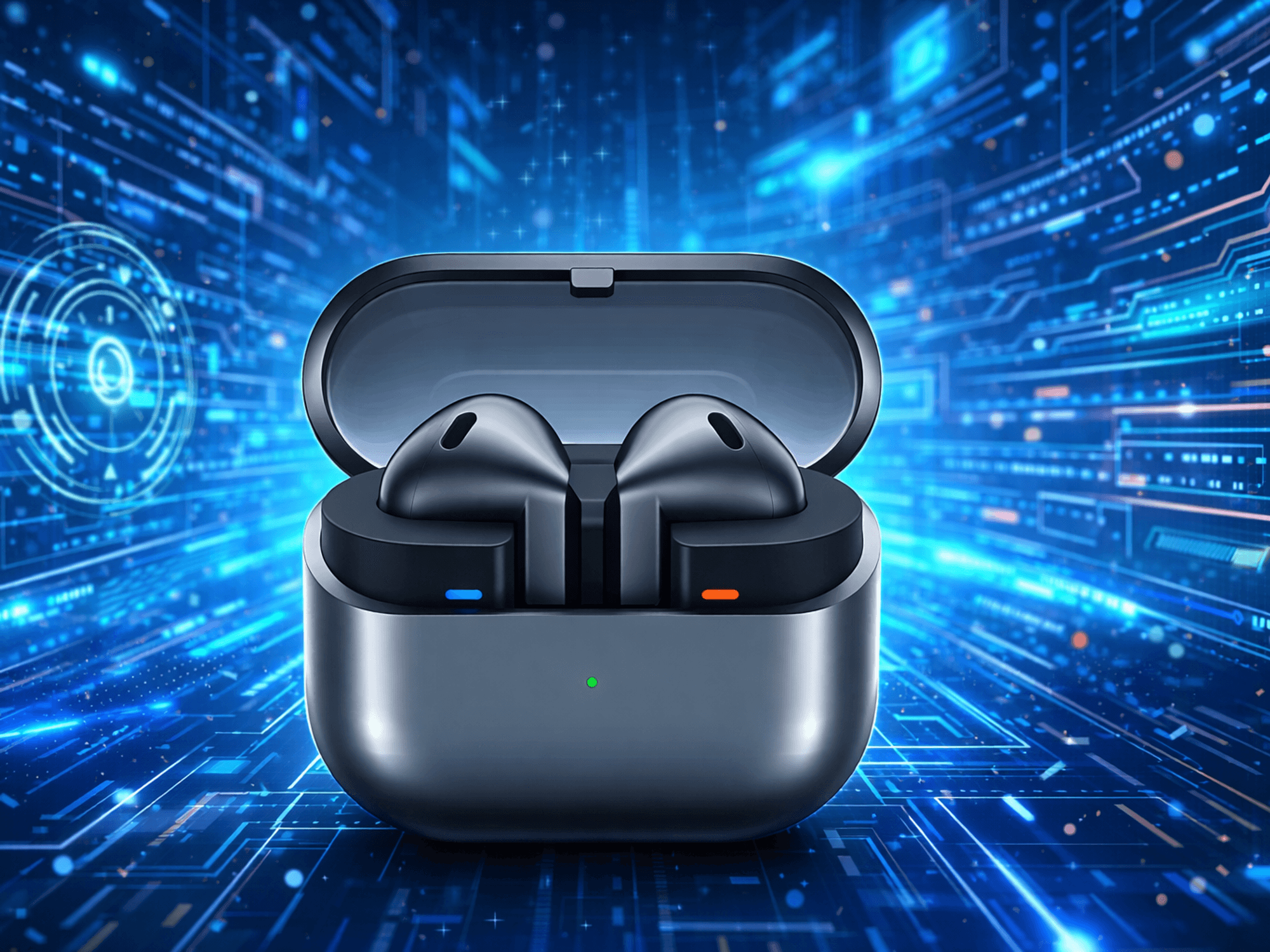 Samsung Buds 3 Pro in front of blue digital background