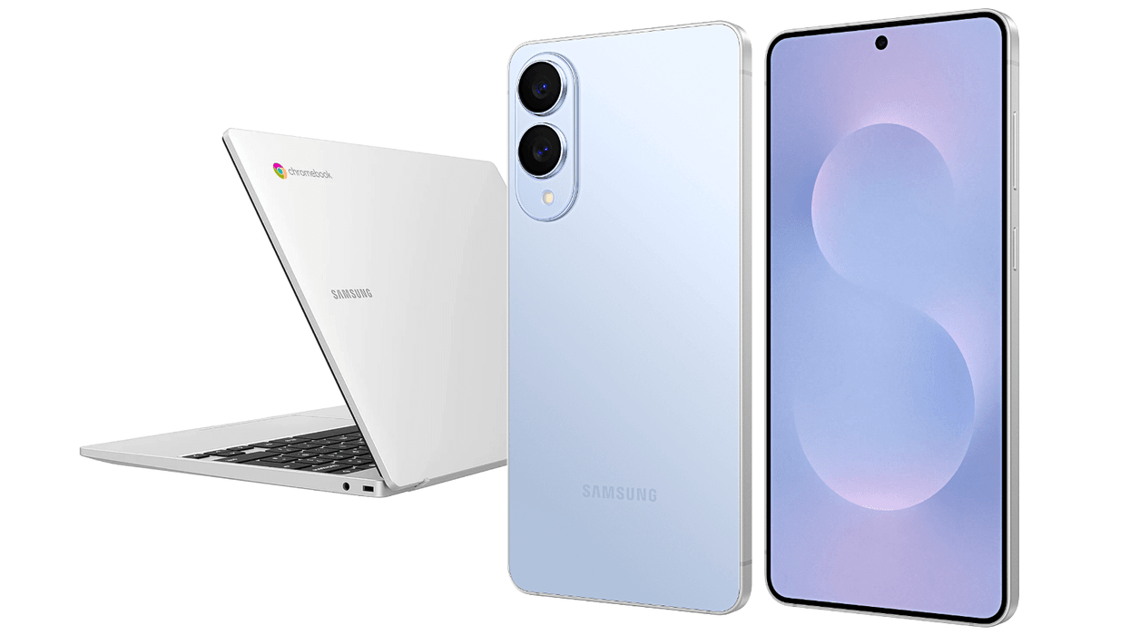 Samsung Chromebook Go pictured in the background with the Samsung Galaxy S25 Edge in the foreground