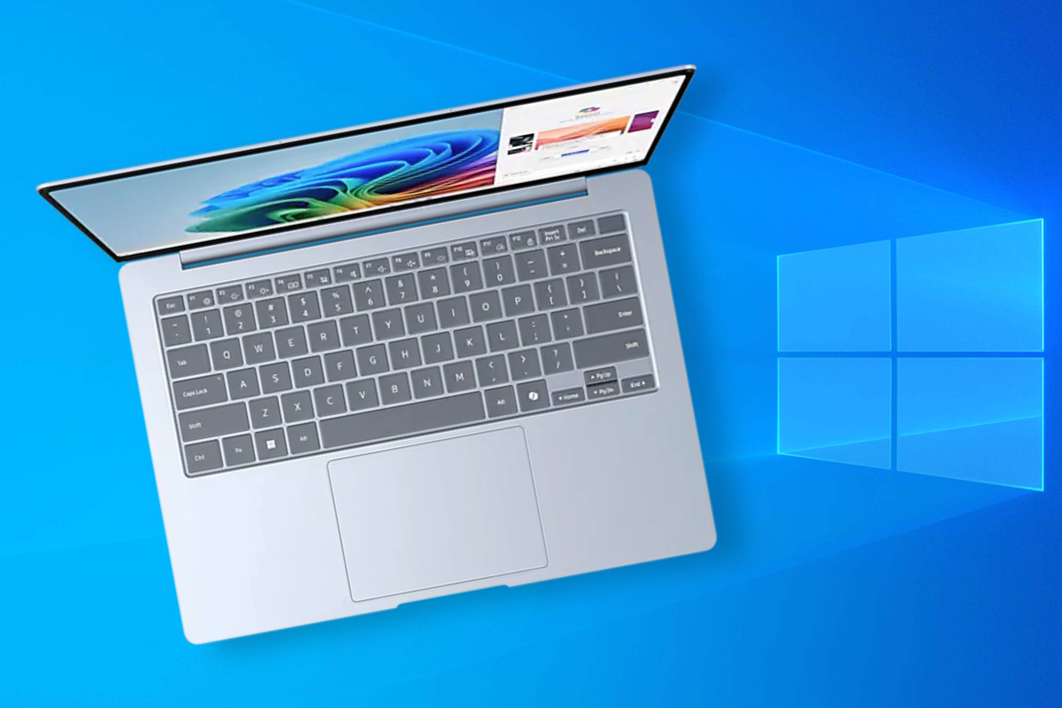 Samsung copilot plus PC pictured on the side with the Windows 10 wallpaper in the background
