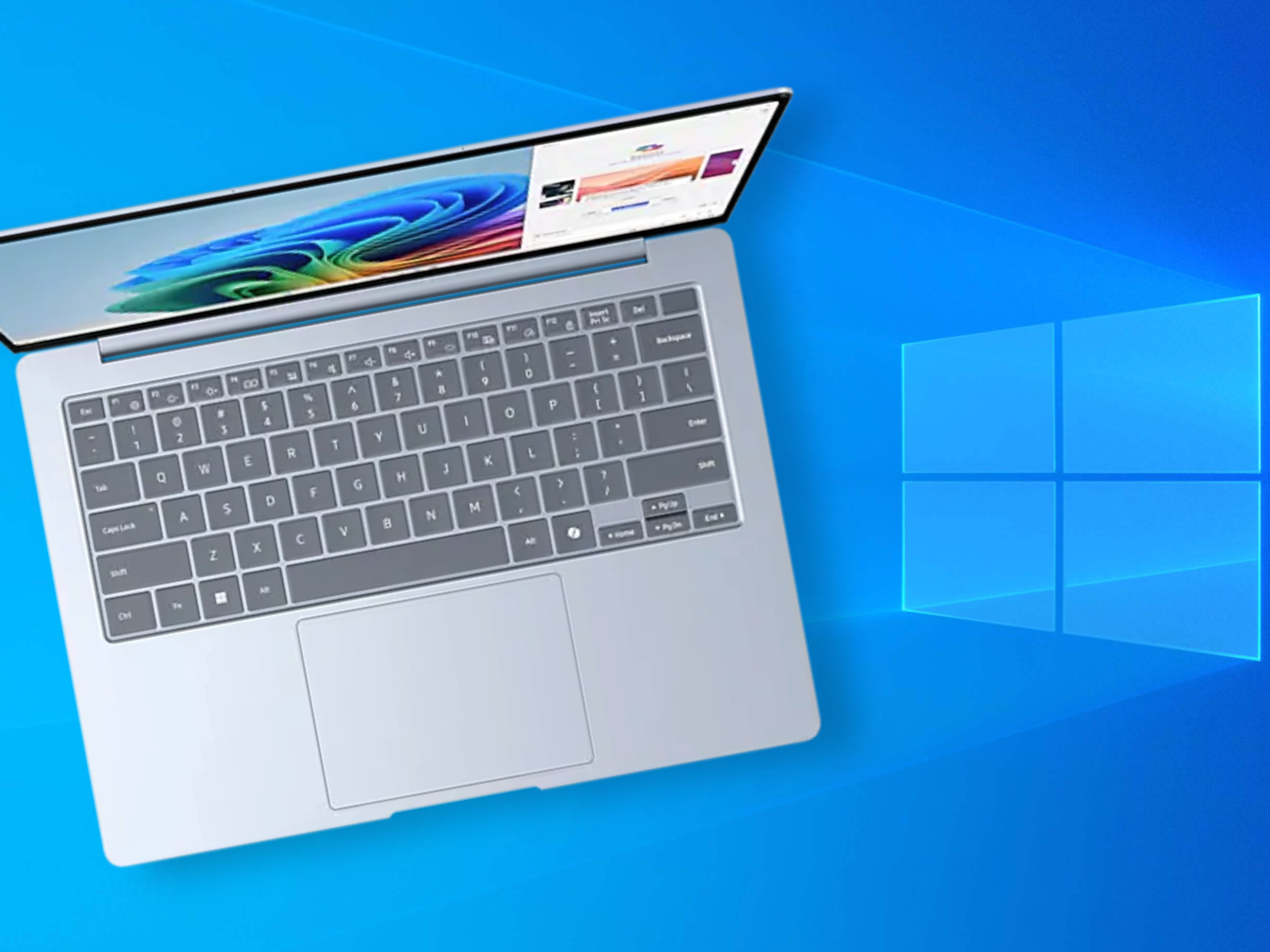 Samsung copilot plus PC pictured on the side with the Windows 10 wallpaper in the background
