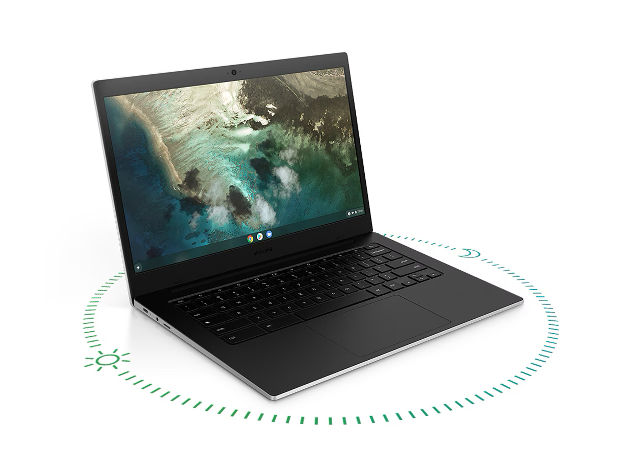 samsung galaxy chromebook go pictured on a white background