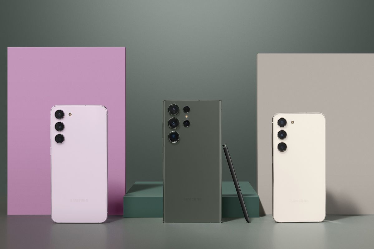samsung galaxy s23, galaxy s23 plus, and galaxy s23 ultra pictured against coloured backdrops