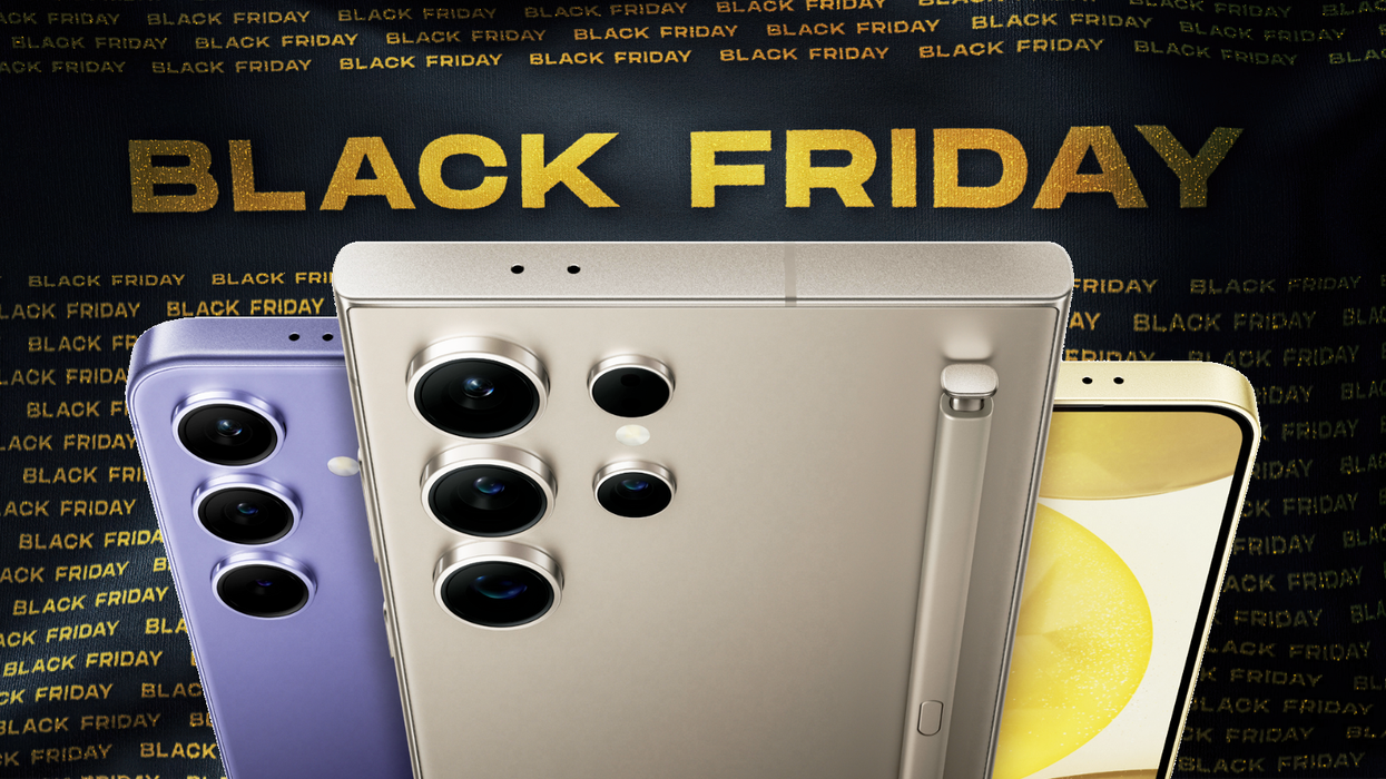 samsung galaxy s24 in purple and galaxy s24 ultra on a black friday banner