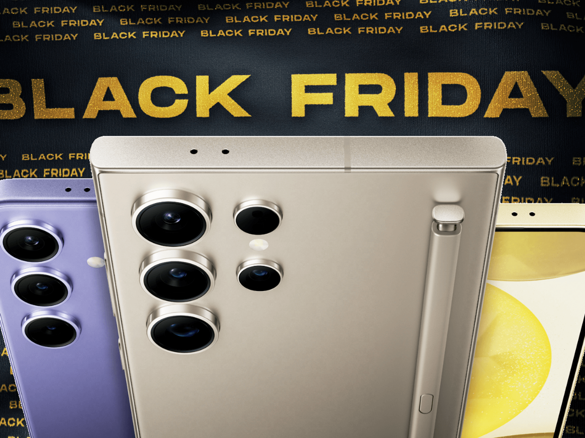 samsung galaxy s24 in purple and galaxy s24 ultra on a black friday banner