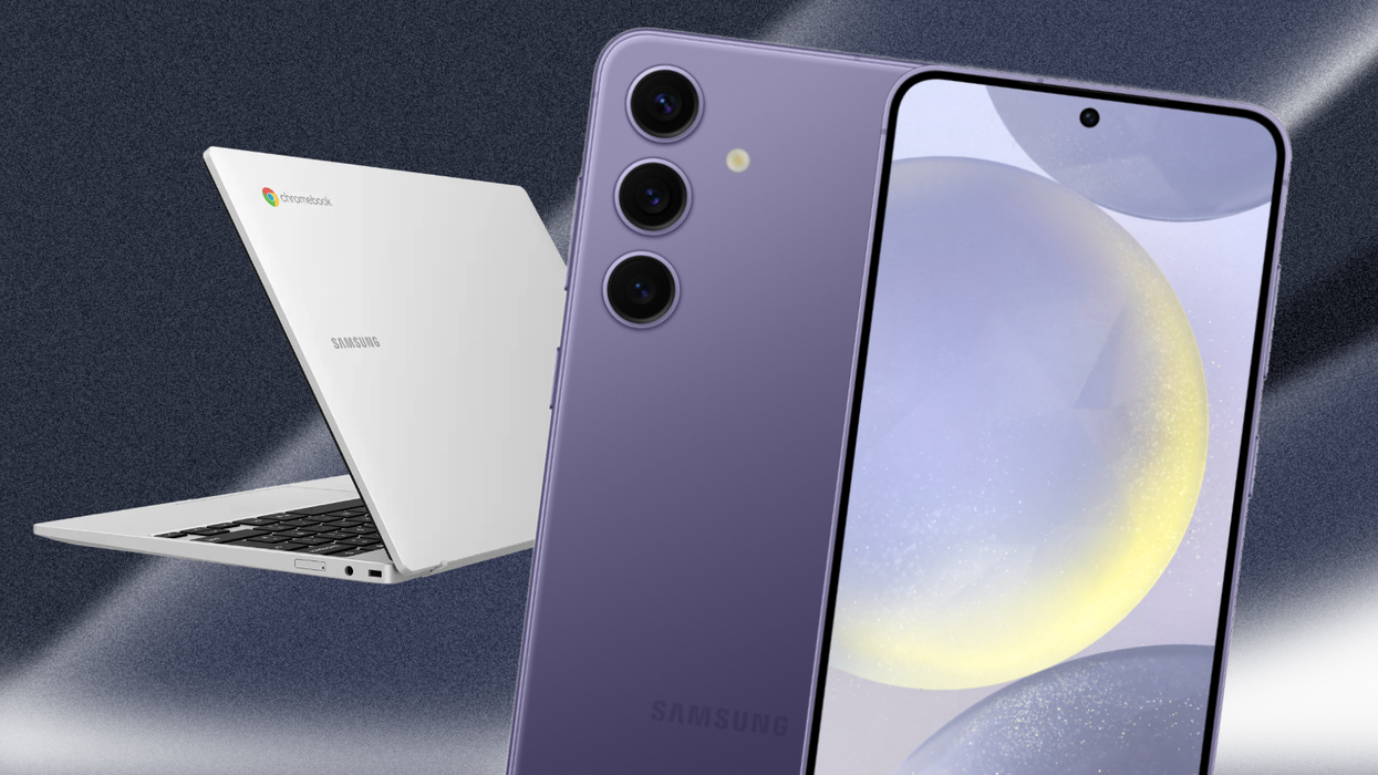 samsung galaxy s24 in purple with the chromebook go in the background