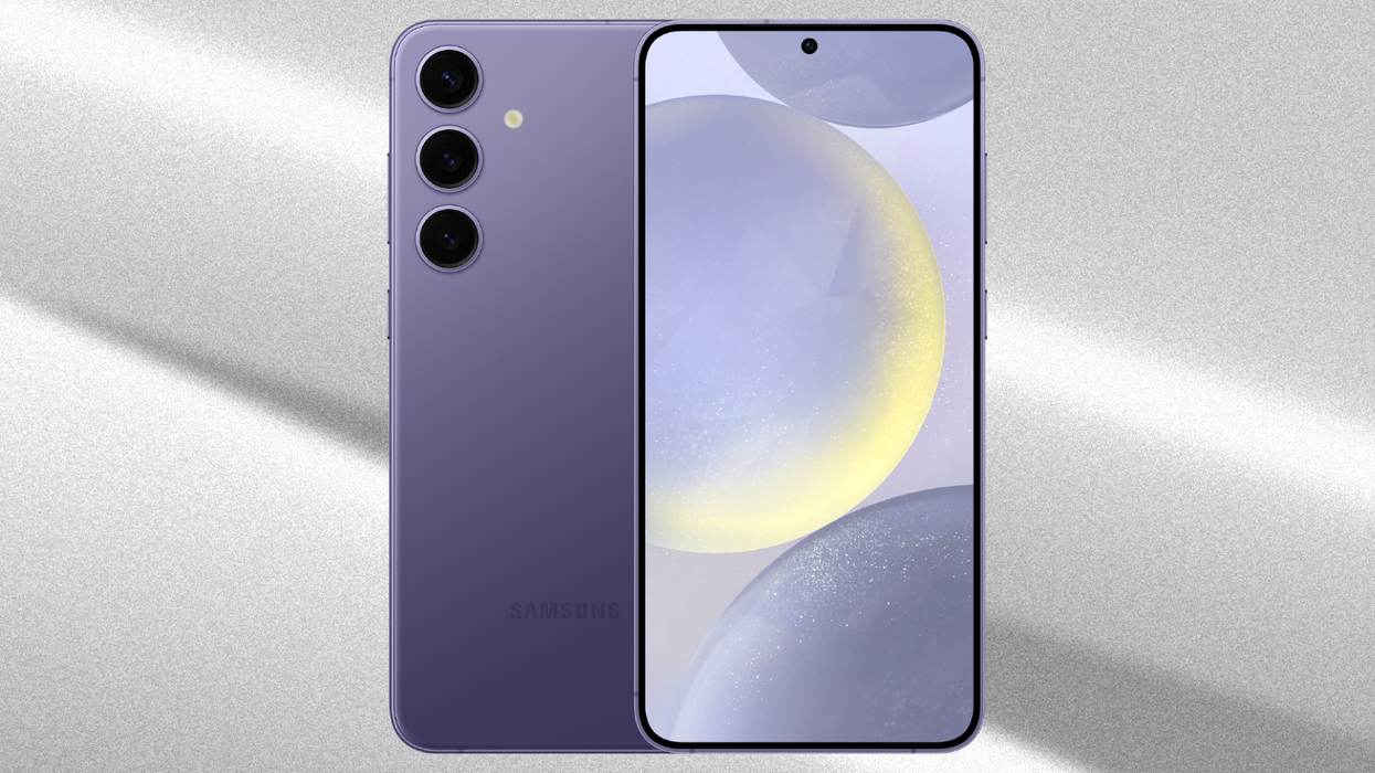 samsung galaxy s24 pictured from the front and back with a plain grey background