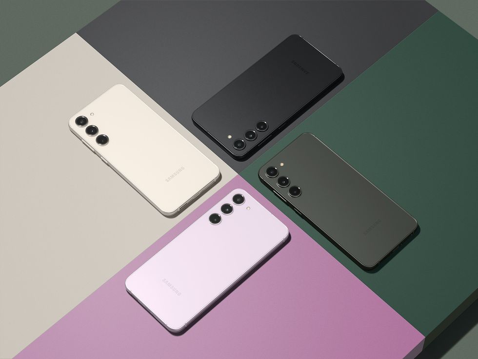 samsung galaxy s24 pictured in a range of colours, pictured face down on a table