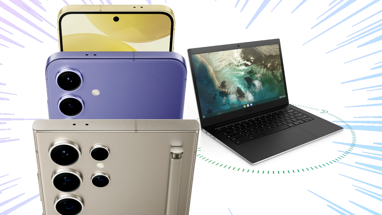 samsung galaxy s24 s24 plus and s24 ultra with galaxy chromebook go laptop in the background