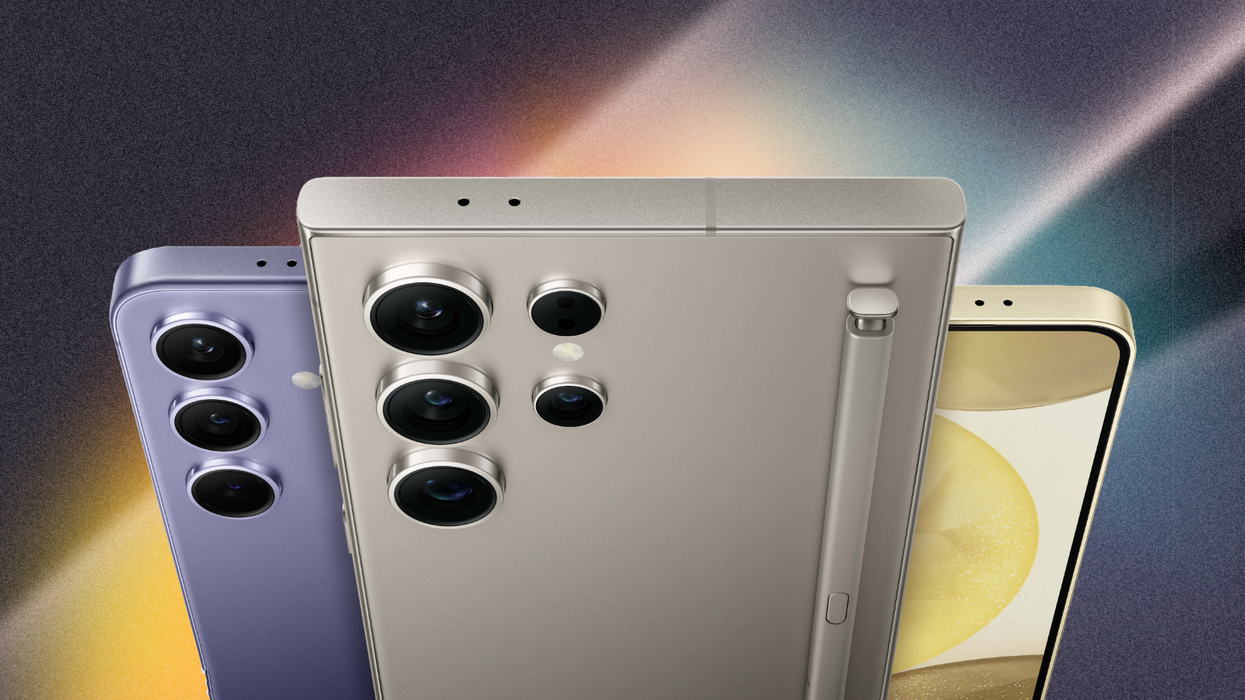 samsung galaxy s24 ultra and galaxy s24 and s24 plus pictured grouped together with a colourful background