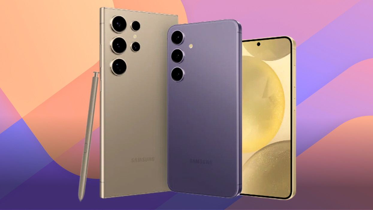 samsung galaxy s24 ultra beside the standard s24 and larger s24 plus with a colourful background