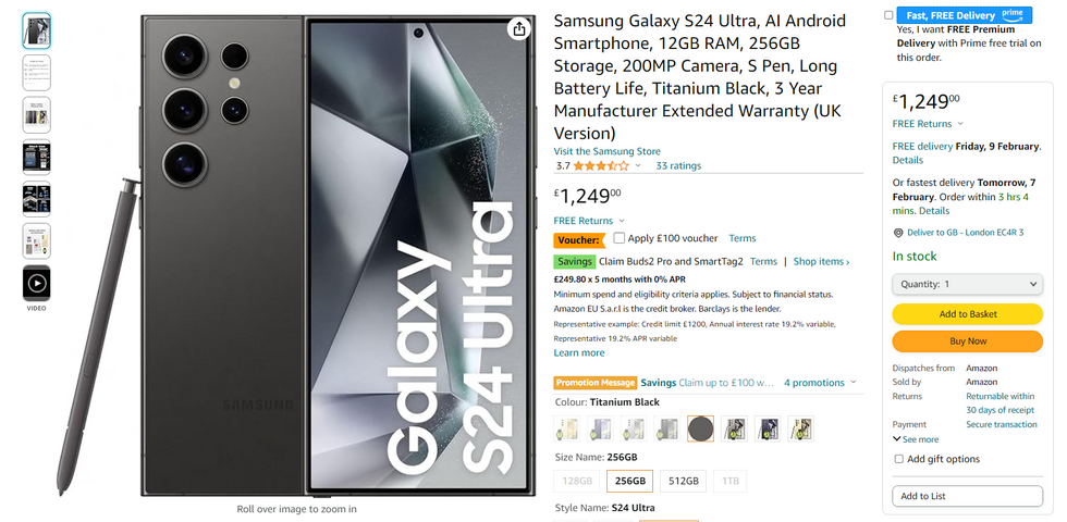 samsung galaxy s24 ultra listing on amazon uk with voucher discount
