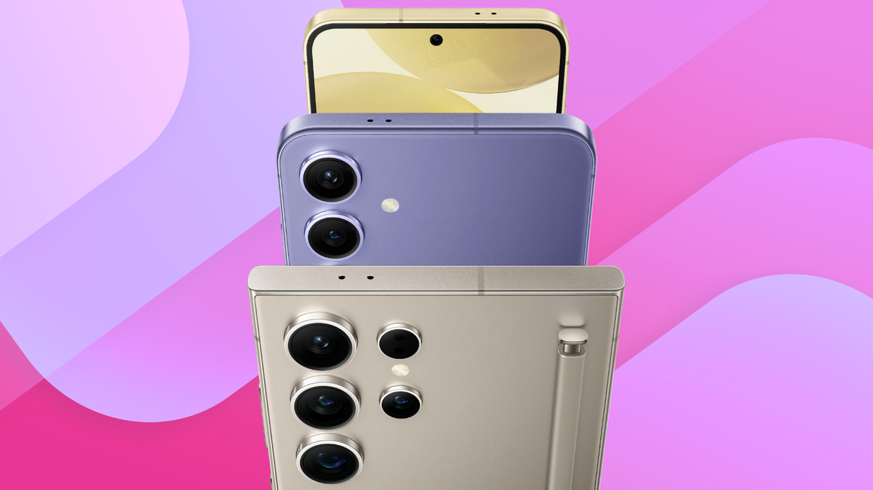 samsung galaxy s24 ultra pictured alongside the galaxy s24 plus and galaxy s24 on a colourful background