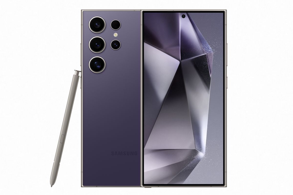 samsung galaxy s24 ultra pictured in titanium violet with s pen stylus leaning on its side