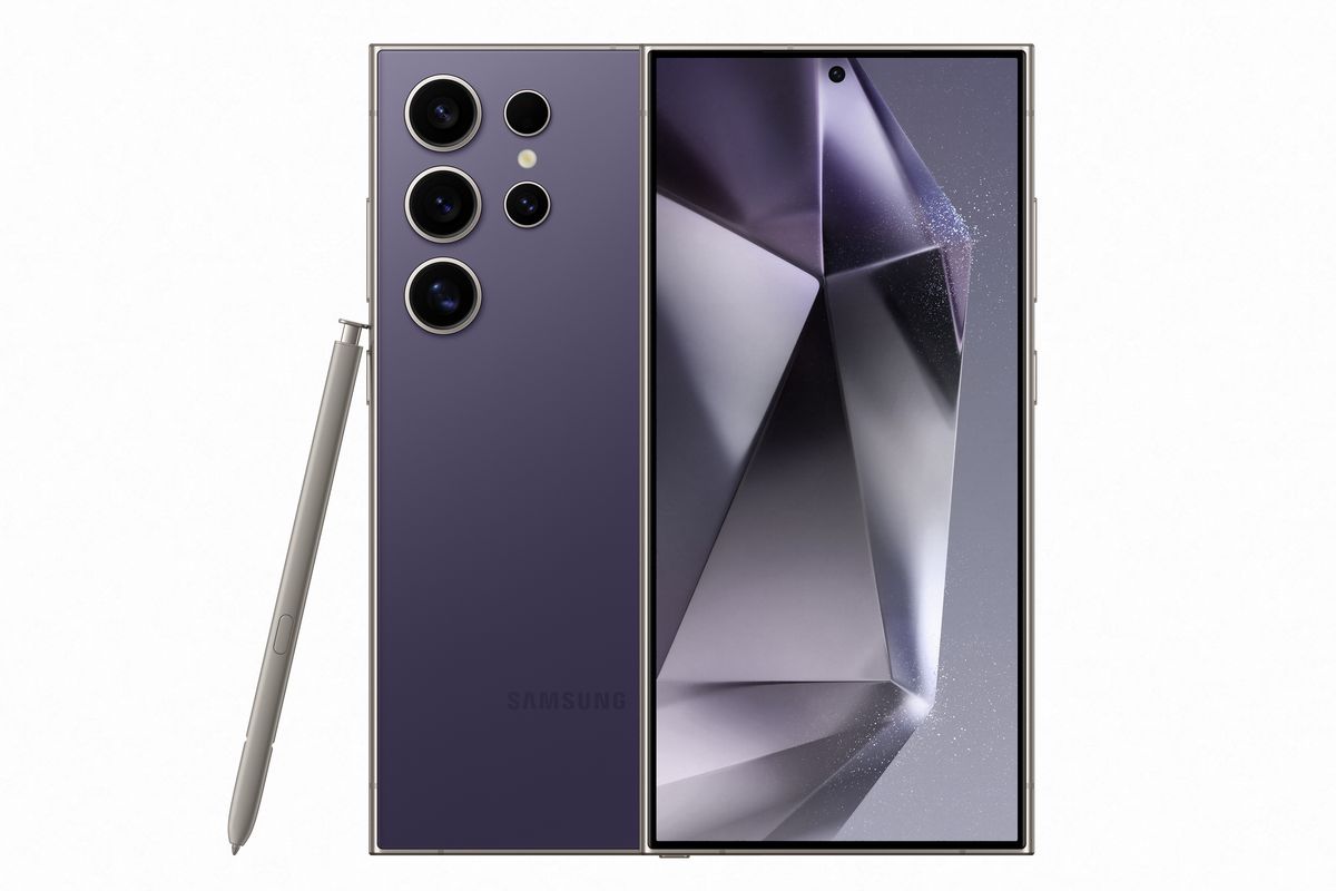 samsung galaxy s24 ultra pictured in titanium violet with s pen stylus leaning on its side