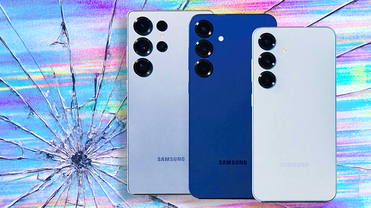 samsung galaxy s25 galaxy s25 plus and s25 ultra pictured in front of a cracked screen with broken glass glitching