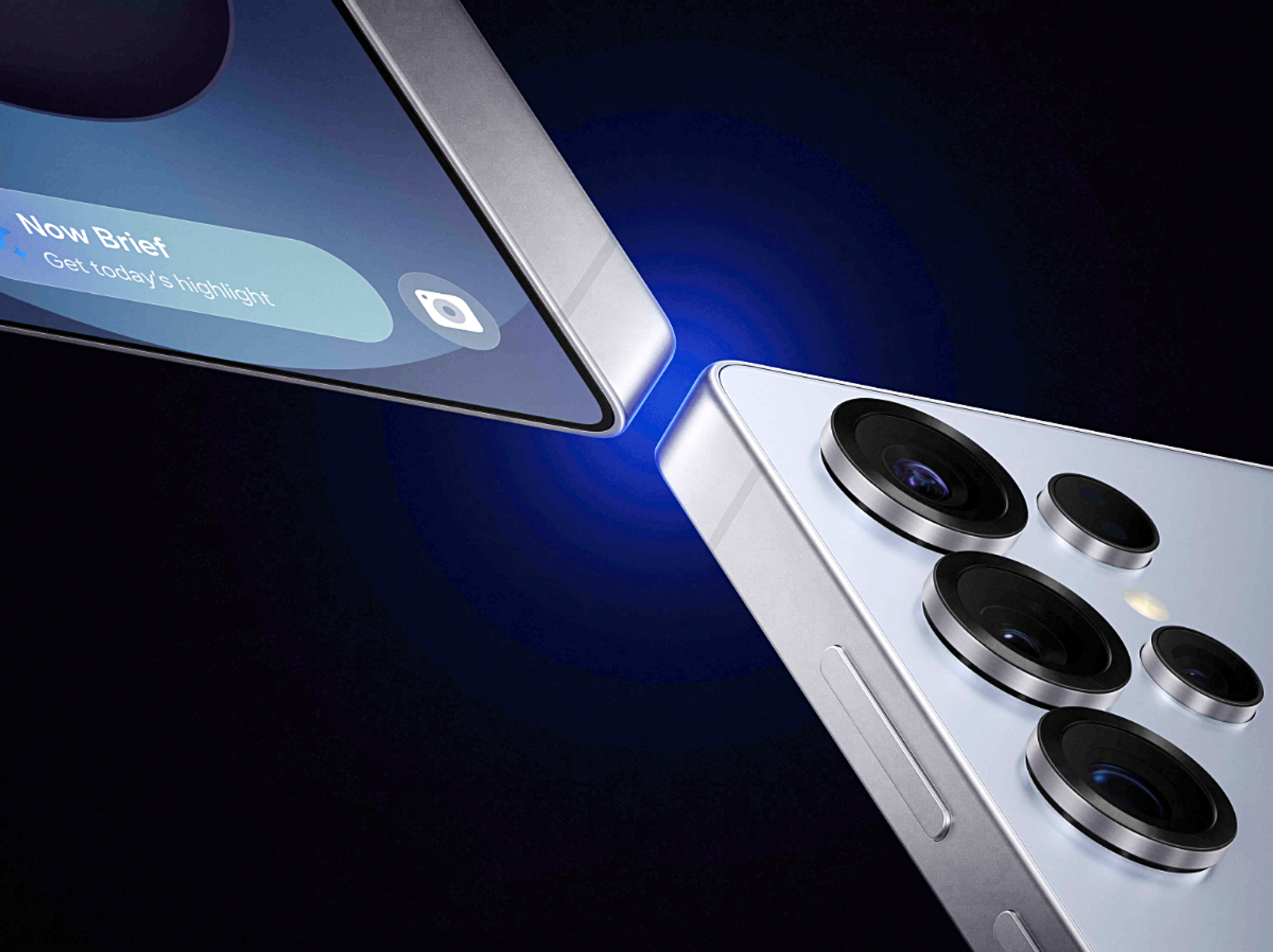 Samsung Galaxy S25 Ultra pictured with its Now Brief summary shown on-screen